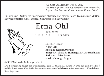 Traueranzeige von Erna Ohl von Odenwälder Echo