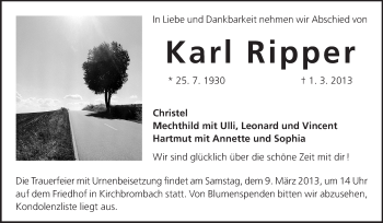 Traueranzeige von Karl Ripper von Odenwälder Echo