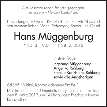 Traueranzeige von Hans Müggenburg von Echo-Zeitungen (Gesamtausgabe)
