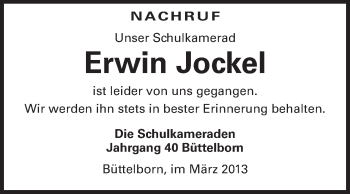 Traueranzeige von Erwin Jockel von Rüsselsheimer Echo, Groß-Gerauer-Echo, Ried Echo