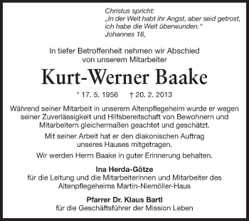 Traueranzeige von Kurt-Werner Baake von Rüsselsheimer Echo, Groß-Gerauer-Echo, Ried Echo