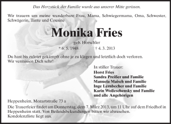 Traueranzeige von Monika Fries von Starkenburger Echo