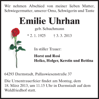 Traueranzeige von Emilie Uhrhan von Echo-Zeitungen (Gesamtausgabe)