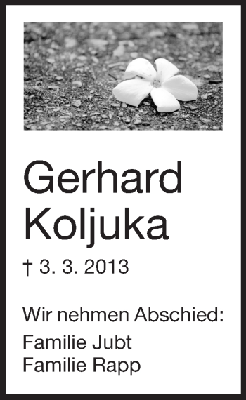 Traueranzeige von Gerhard Koljuka von Echo-Zeitungen (Gesamtausgabe)