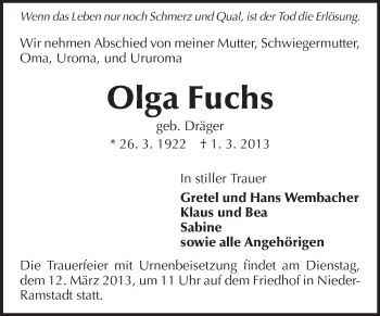 Traueranzeige von Olga Fuchs von Echo-Zeitungen (Gesamtausgabe)