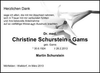 Traueranzeige von Christine Schurstein-Gams von Rüsselsheimer Echo, Groß-Gerauer-Echo, Ried Echo