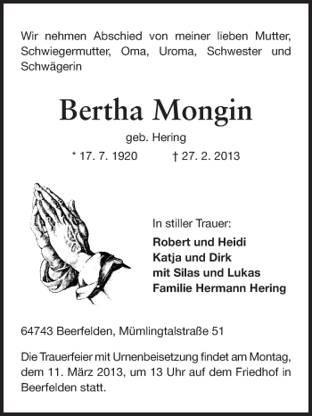 Traueranzeige von Bertha Mongin von Odenwälder Echo