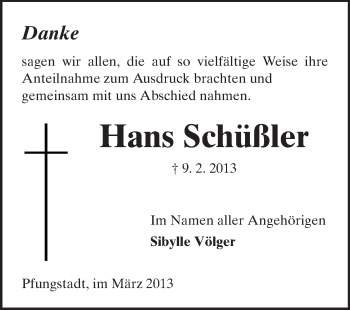 Traueranzeige von Hans Schüßler von Echo-Zeitungen (Gesamtausgabe)