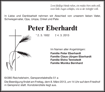 Traueranzeige von Peter Eberhardt von Odenwälder Echo