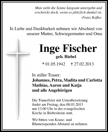 Traueranzeige von Inge Fischer von Rüsselsheimer Echo, Groß-Gerauer-Echo, Ried Echo