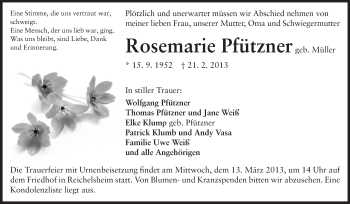 Traueranzeige von Rosemarie Pfützner von Odenwälder Echo