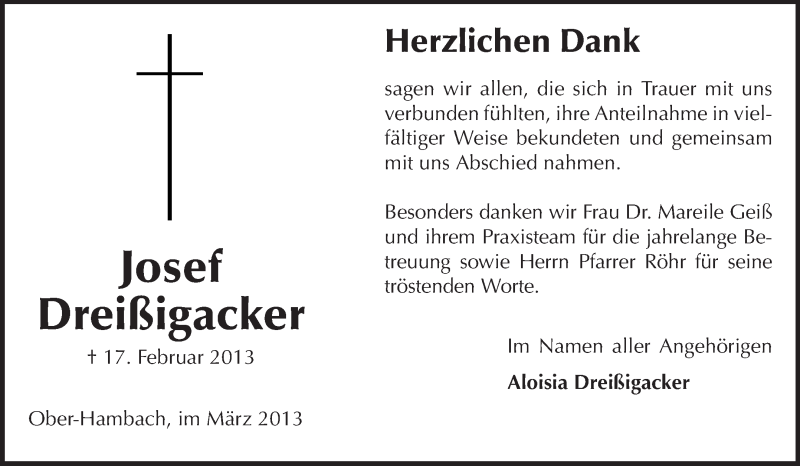 Traueranzeige für Josef Dreißigacker vom 08.03.2013 aus Starkenburger Echo