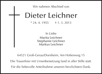 Traueranzeige von Dieter Leichner von Rüsselsheimer Echo, Groß-Gerauer-Echo, Ried Echo