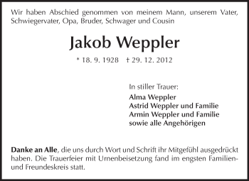 Traueranzeige von Jakob Weppler von Rüsselsheimer Echo, Groß-Gerauer-Echo, Ried Echo