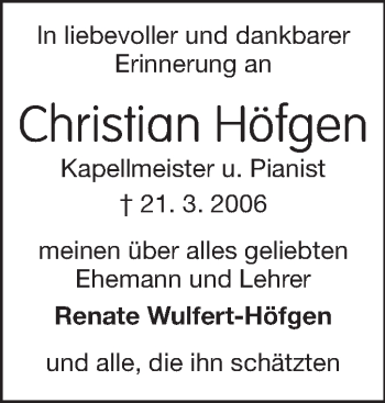 Traueranzeige von Christian Höfgen von Echo-Zeitungen (Gesamtausgabe)