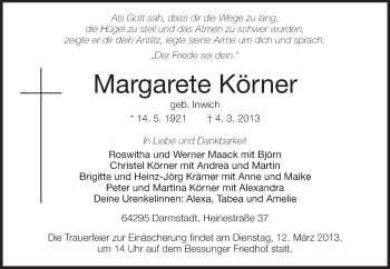 Traueranzeige von Margarete Körner von Echo-Zeitungen (Gesamtausgabe)