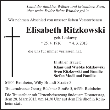 Traueranzeige von Elisabeth Ritzkowski von Darmstädter Echo, Odenwälder Echo, Rüsselsheimer Echo, Groß-Gerauer-Echo, Ried Echo
