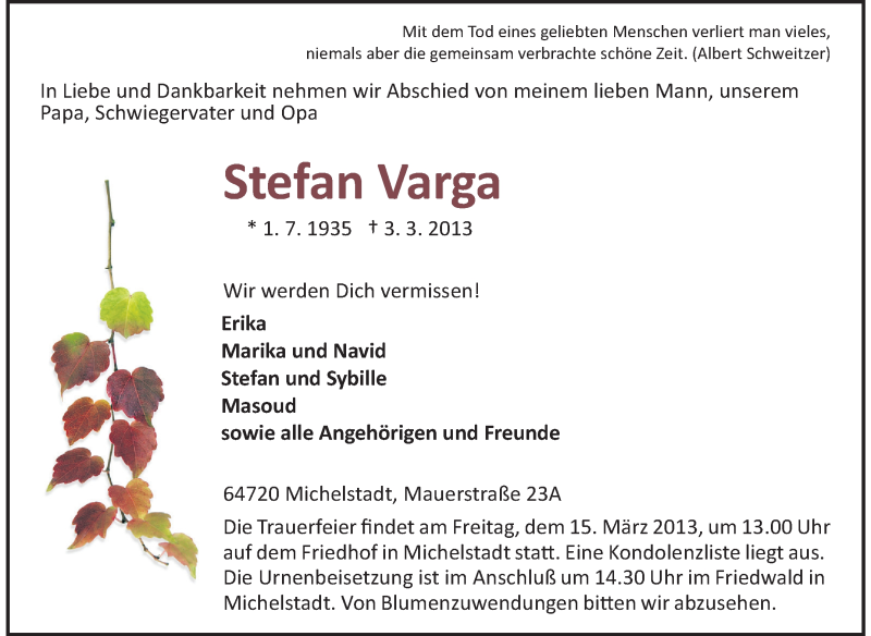  Traueranzeige für Stefan Varga vom 07.03.2013 aus Odenwälder Echo
