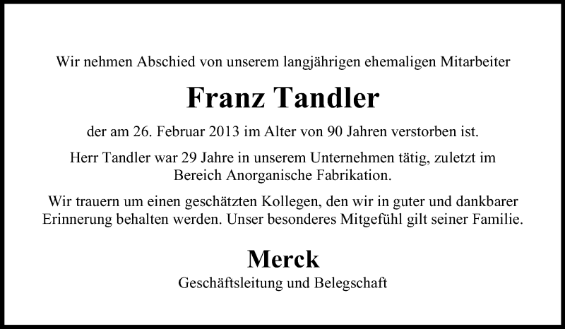  Traueranzeige für Franz Tandler vom 07.03.2013 aus Echo-Zeitungen (Gesamtausgabe)
