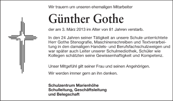 Traueranzeige von Günther Gothe von Echo-Zeitungen (Gesamtausgabe)