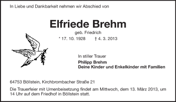 Traueranzeige von Elfriede Brehm von Odenwälder Echo