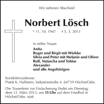 Traueranzeige von Norbert Lösch von Odenwälder Echo