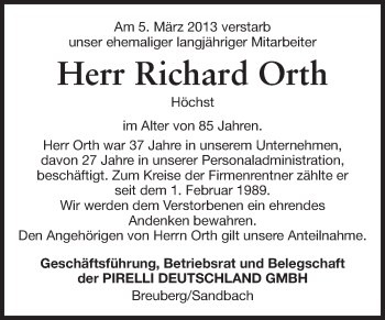 Traueranzeige von Richard Orth von Odenwälder Echo