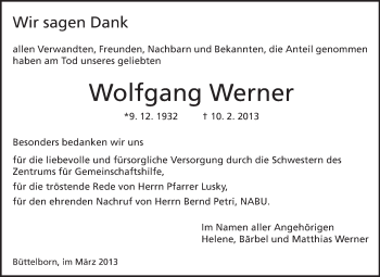 Traueranzeige von Wolfgang Werner von Rüsselsheimer Echo, Groß-Gerauer-Echo, Ried Echo
