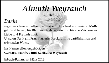 Traueranzeige von Almuth Weyrauch von Odenwälder Echo