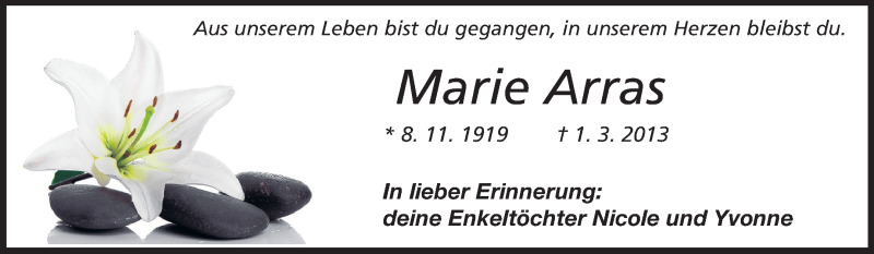 Traueranzeige für Marie Arras vom 09.03.2013 aus Odenwälder Echo
