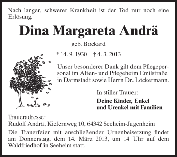 Traueranzeige von Dina Margareta Andrä von Echo-Zeitungen (Gesamtausgabe)