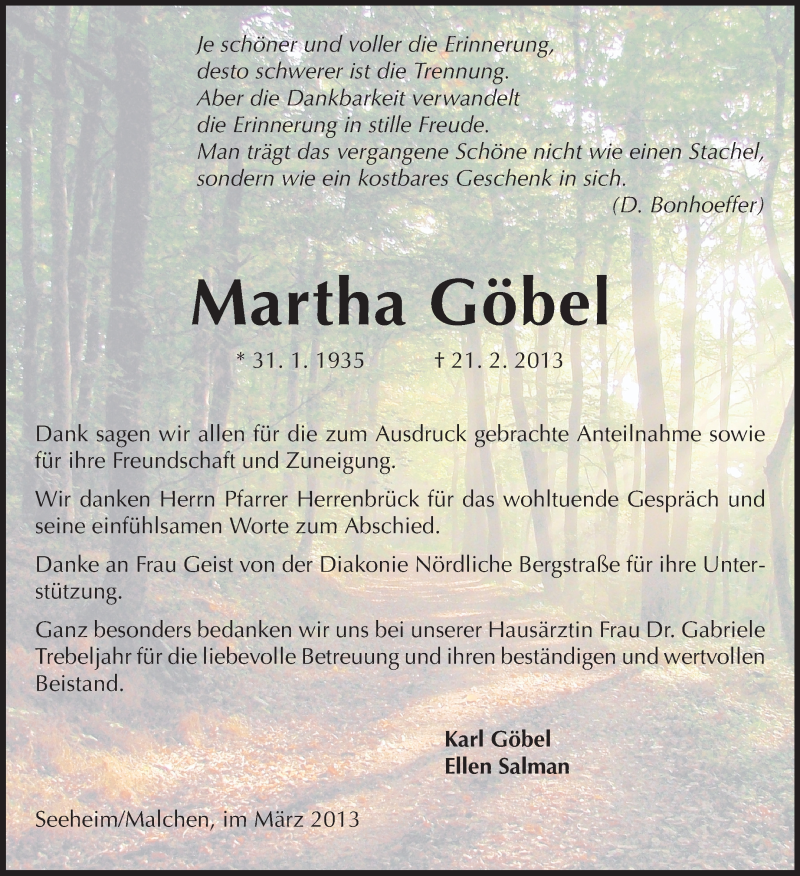  Traueranzeige für Martha Göbel vom 16.03.2013 aus Echo-Zeitungen (Gesamtausgabe)