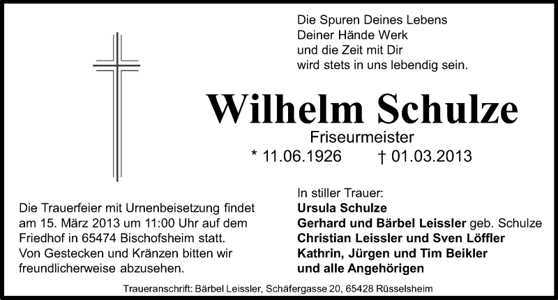  Traueranzeige für Wilhelm Leissler vom 09.03.2013 aus Rüsselsheimer Echo, Groß-Gerauer-Echo, Ried Echo