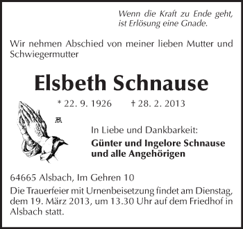 Traueranzeige von Elsbeth Schnause von Echo-Zeitungen (Gesamtausgabe)