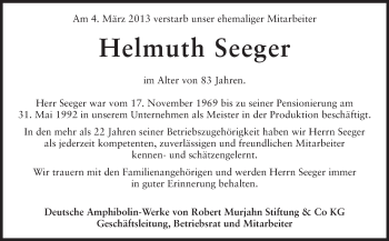 Traueranzeige von Helmuth Seeger von Echo-Zeitungen (Gesamtausgabe)