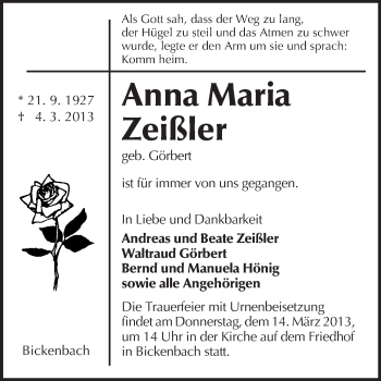 Traueranzeige von Anna Maria Zeißler von Echo-Zeitungen (Gesamtausgabe)