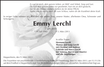 Traueranzeige von Emmy Lerchl von Starkenburger Echo, Bergsträßer Anzeiger