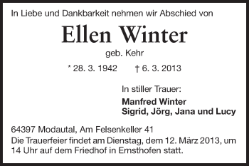 Traueranzeige von Ellen Winter von Echo-Zeitungen (Gesamtausgabe)