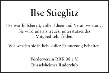 Traueranzeige von Ilse Stieglitz von Rüsselsheimer Echo, Groß-Gerauer-Echo, Ried Echo
