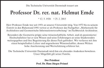 Traueranzeige von Helmut Emde von Echo-Zeitungen (Gesamtausgabe)