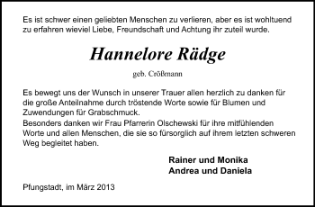 Traueranzeige von Hannelore Rädge von Echo-Zeitungen (Gesamtausgabe)