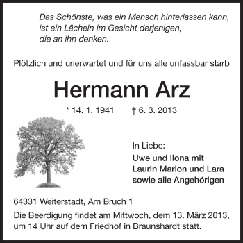 Traueranzeige von Hermann Arz von Echo-Zeitungen (Gesamtausgabe)