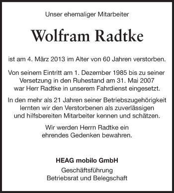 Traueranzeige von Wolfram Radtke von Echo-Zeitungen (Gesamtausgabe)