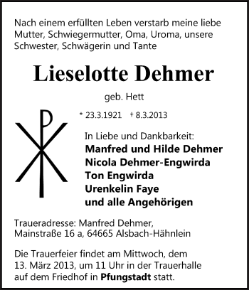 Traueranzeige von Lieselotte Dehmer von Echo-Zeitungen (Gesamtausgabe)