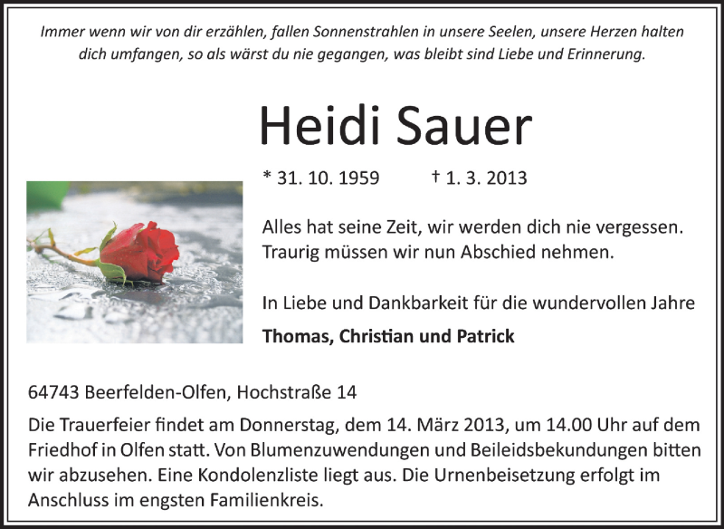  Traueranzeige für Heidi Sauer vom 11.03.2013 aus Odenwälder Echo