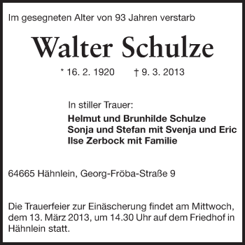 Traueranzeige von Walter Schulze von Echo-Zeitungen (Gesamtausgabe)