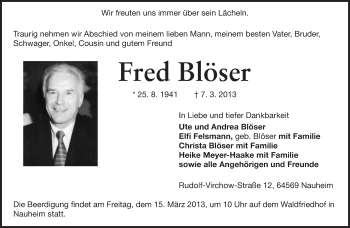 Traueranzeige von Fred Blöser von Rüsselsheimer Echo, Groß-Gerauer-Echo, Ried Echo