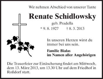 Traueranzeige von Renate Schidlowsky von Echo-Zeitungen (Gesamtausgabe)