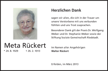 Traueranzeige von Meta Rückert von Rüsselsheimer Echo, Groß-Gerauer-Echo, Ried Echo