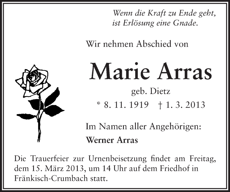  Traueranzeige für Marie Arras vom 13.03.2013 aus Odenwälder Echo